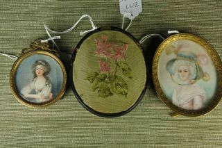 Two French Miniature Portraits Ca.  1900 Plus Earlier Framed Miniature Flowers
