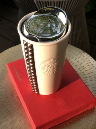 Starbucks 2014 Silver Studded White Ceramic Embossed Tumbler Travel Mug