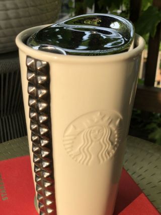 Starbucks 2014 Silver Studded White Ceramic Embossed Tumbler Travel Mug 4