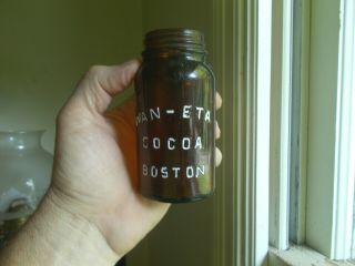 Cute Little 1/2 Pint Amber Wan - Eta Cocoa Boston Fruit Jar 100 Yrs Old