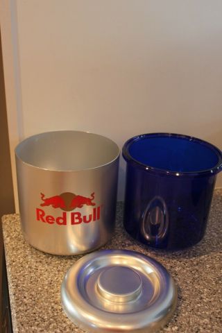 Red Bull Energy Drink Aluminum Ice Bucket Cobalt Blue Plastic Liner Man Cave 3