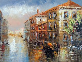 Venice Canal Italian Homes Fog Cloudy Day 12x16 Oil Painting By Hand Stretched