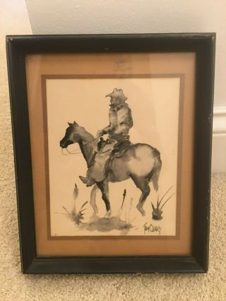 Tom Cleary Signed C.  1970s Watercolor Cowboy On Horseback Framed