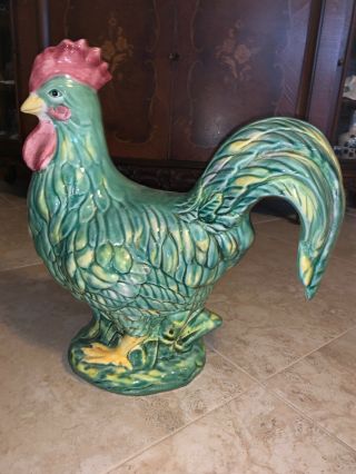 Rooster Chicken Heavy Ceramic Farm Country 15” Huge Green Antique Vintage Estate
