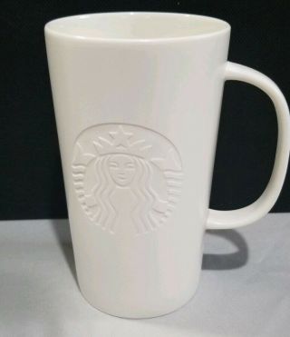Starbucks Ceramic 16 Oz Coffee Mug 2014 White On White Embossed Siren Logo Rare