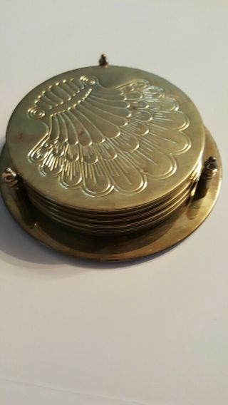 Vintage MCM Set of 6 Metal Brass Finish beach shell Coasters w/Stand 2