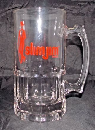 Slim Jim Beer Stein Clear Glass Vintage 1985 8in 32oz Barware Oversized Mug