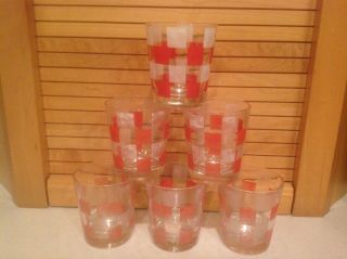Vintage 8 Oz 3 1/4 " Tall " High Ball " Six Frosted White & Red Checkered Glass Set