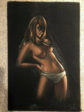 Vintage 70s Retro Pinup Nude Girl Woman Black Velvet Art Painting