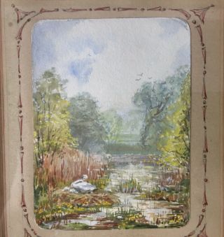19th C Miniature Watercolor Painting Landscape Signed A.  H.  D.  Garden Victorian