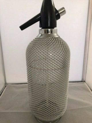 Vintage Isi Seltzer Soda Siphon Bottle Metal Chain Mail Mid Century Barware