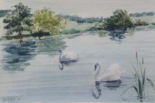 1966 Mid Century Vintage Jean Wilson Signed Watercolor Painting Swans