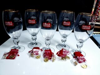 Set Of 5 Stella Artois Belgium Beer Ale Chalices Glasses 40cl W/ Gold Charms Nos