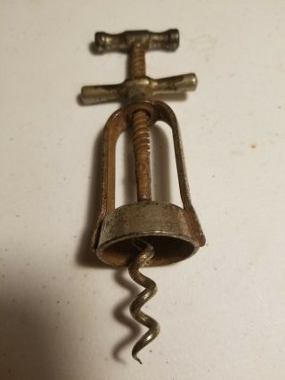 Antique Metal Corkscrew With Cage And Tightening Nut.