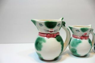 Vintage Set of 3 Kitty Cat Pitcher/Creamers Pink Bow/Green Dots Japan Holt 8