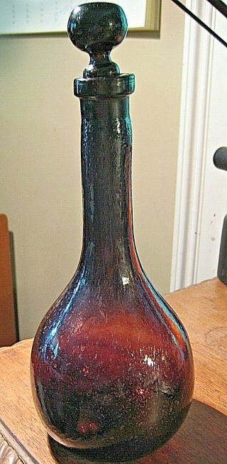 Vintage Hand Blown Amber Color Bottle W/ Lid Bubbles In Glass Old Antique See