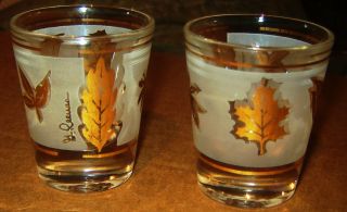 2 G.  Reeves Signed Mid Century Modern Gold Leaf Frosted Shot Barware Glasses