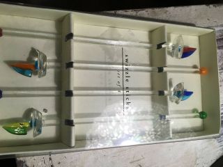 Set Of 4 Nautical Themed Art Glass Swizzle Sticks Cocktail Stirrers Boat