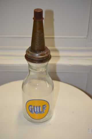 Vintage Style Gulf 1 Quart Glass Motor Oil Bottle W Spout & Dust Cap