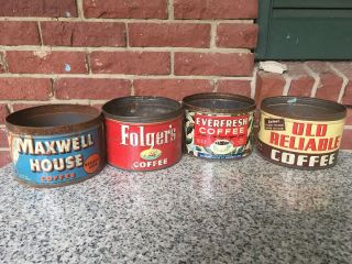 Vintage Coffee Can Tin Maxwell House,  Folgers,  Everfresh,  Old Reliable 1 Lb