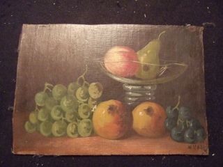 Still Life Painting On Board,  11x8 " Fruit,  Wine Glass Signed Michael C 1900