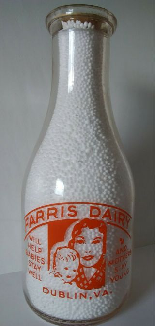 Farris Dairy,  Dublin,  Virginia Tall Round Pyro Quart Milk Bottle