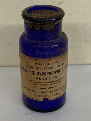 Mangani Hypophosphite - Antique Cobalt Blue Medicine Bottle W/ Label & Contents