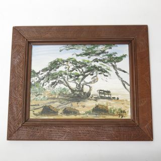 Vintage Mid Century Tree Landscape Oil Painting Framed Rustic Wood Frame 1974