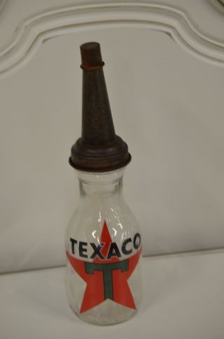 Vintage Style Texaco Star 1 Quart Glass Motor Oil Bottle W Spout & Dust Cap