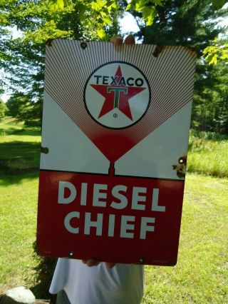 Old Large 1962 Texaco Diesel Chief Porcelain Enamel Sign