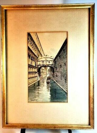 Signed Venetian Venice Framed Water Color Ca.  1900