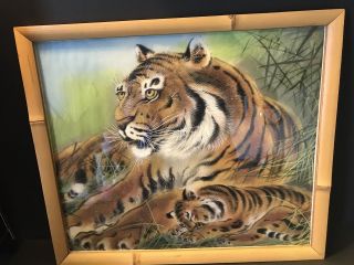Vintage Chinese Silk Print Hand Painted Tiger And Cub Painting Bamboo Frame