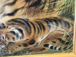 Vintage Chinese Silk Print Hand Painted Tiger and Cub Painting Bamboo Frame 4