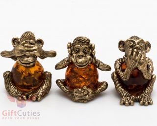 Solid Brass Amber Figurine 3 Three Wise Monkeys See Hear Speak No Evil Ironwork