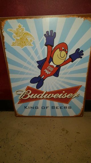 (l@@k) Budweiser Beer Bud Man Tin Sign Bar Man Cave Game Room Anheuser Busch