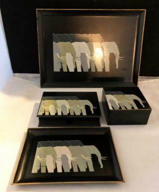 Vintage Otagiri Lacquerware Elephant Tray,  Coasters,  Notebox,  Paper Tray Set