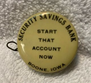 Vintage Advertising Celluloid Tape Measure,  Security Savings Bank Boone,  Iowa