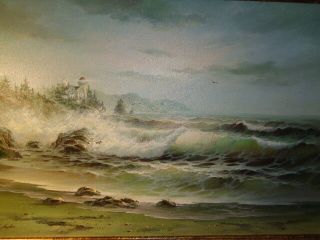 1982 Keith Layton Signed Seascape Scene W/ Lighthouse & Waves Crashing (24 by 36 2
