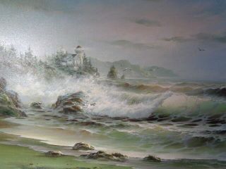 1982 Keith Layton Signed Seascape Scene W/ Lighthouse & Waves Crashing (24 by 36 3