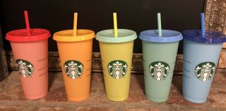 Rare 2019 Starbucks Color Changing Cold Cups Reusable 5 Cups 5 Lids & 5 Straws