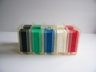 Vintage Poker Chip Set 250 Square Plastic Chips & Clear Acrylic Holder Caddy