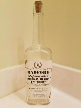 Antique " Radford " Rye Whiskey Labeled Quart Bottle