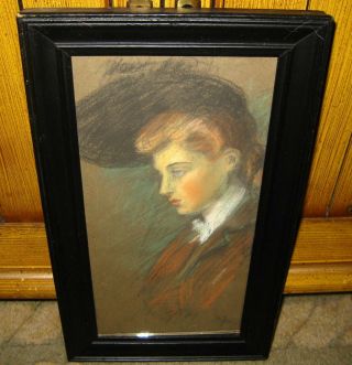 Antique Victorian Era? Signed Pastel / Chalk Painting Of Woman Wearing Large Hat