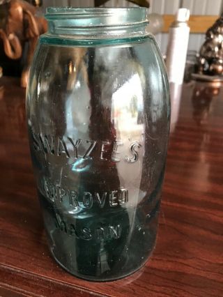 Rare Vintage Swayzee Glass Co.  Mason Fruit Jar Blue Half Gallon