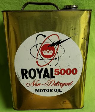 Vintage Royal 5000 Motor Oil 2 Gallon Metal Can Gas Garage Advertising