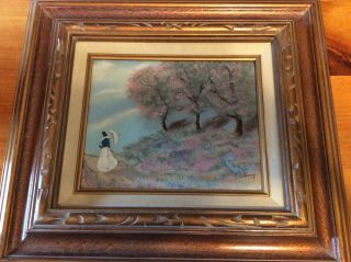 Vintage Jean Lucey Enamel On Copper Painting Framed Lady With Parasol 16” X 18”
