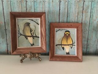 Vtg Pair Small Primitive Bird Framed Paintings Evening Grosbeak Folk Art Spooky