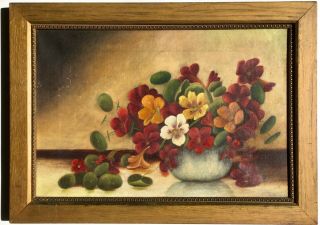 Antique 19th Century 1880 Oil Painting Floral Flower Still Life Pansies