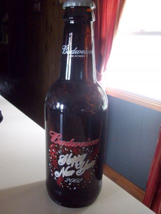 2002 Happy Year Budweiser 14 3/4 Inch Heavy Glass Beer Bottle Bank W/ Cap