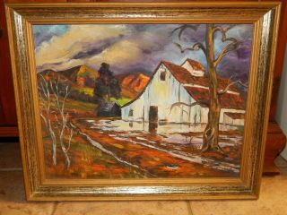 Vtg Eamer Era Abstract,  Modern Oil On Canvas,  Old Barn,  Mountains